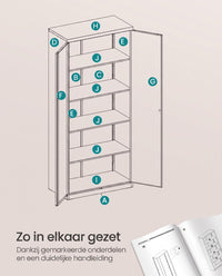 Metalen Archiefkast met 2 Deuren en 4 Verstelbare Planken, 180 cm Hoog