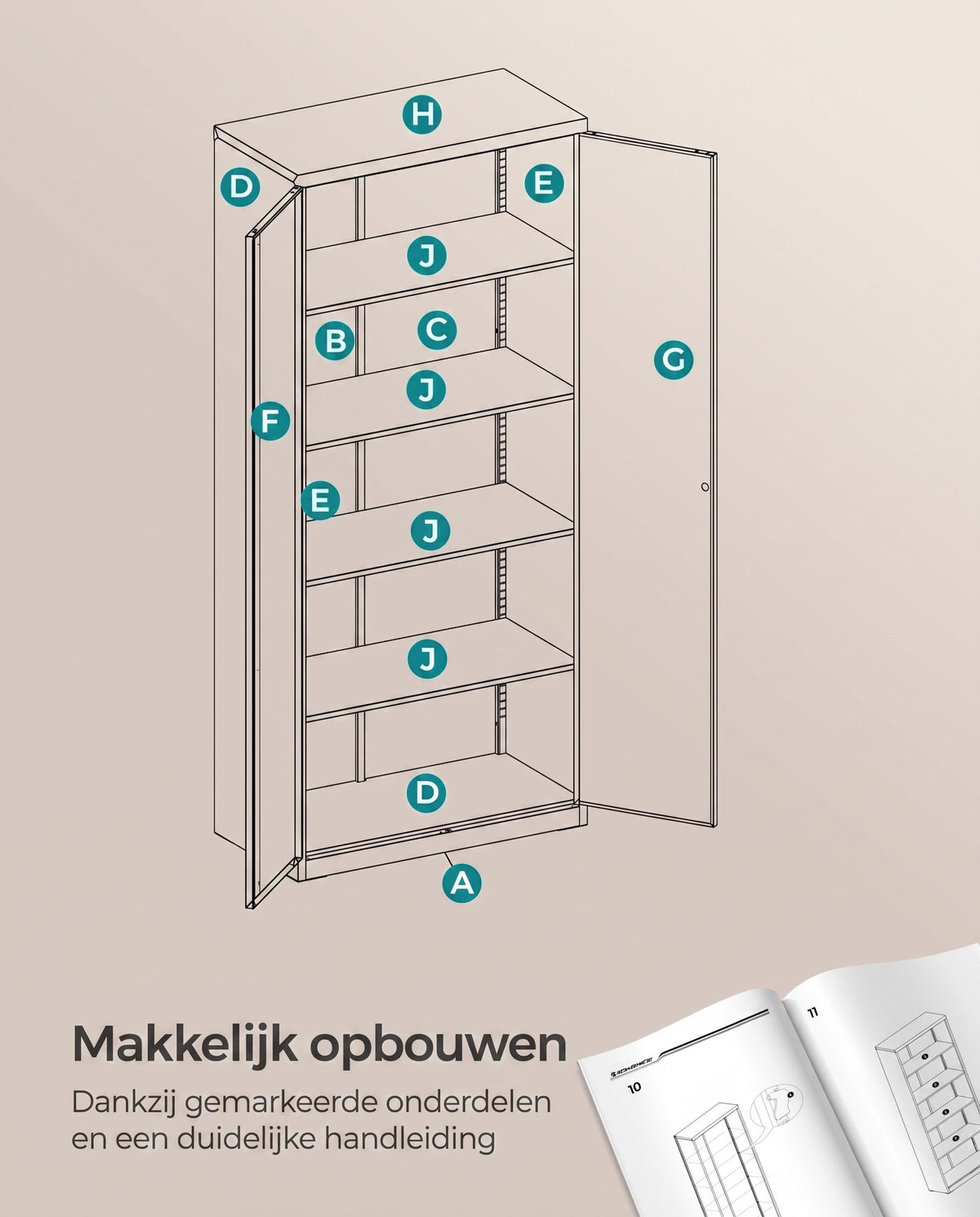 Metalen Archiefkast met 2 Deuren en 4 Verstelbare Planken, 180 cm Hoog