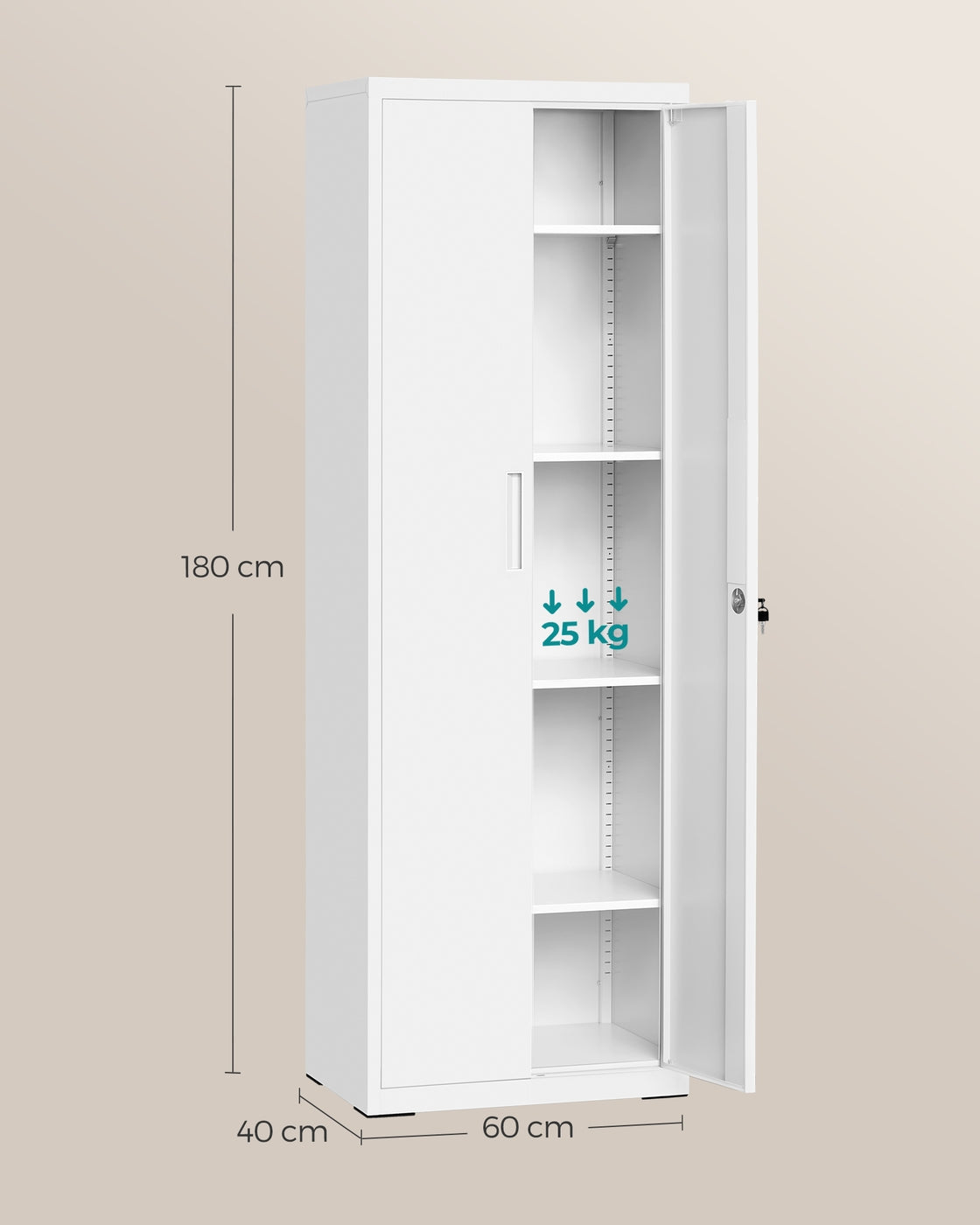 Metalen Archiefkast met 2 Deuren en 4 Verstelbare Planken, 180 cm Hoog