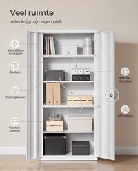 Metalen Archiefkast met 2 Deuren en 4 Verstelbare Planken, 180 cm Hoog