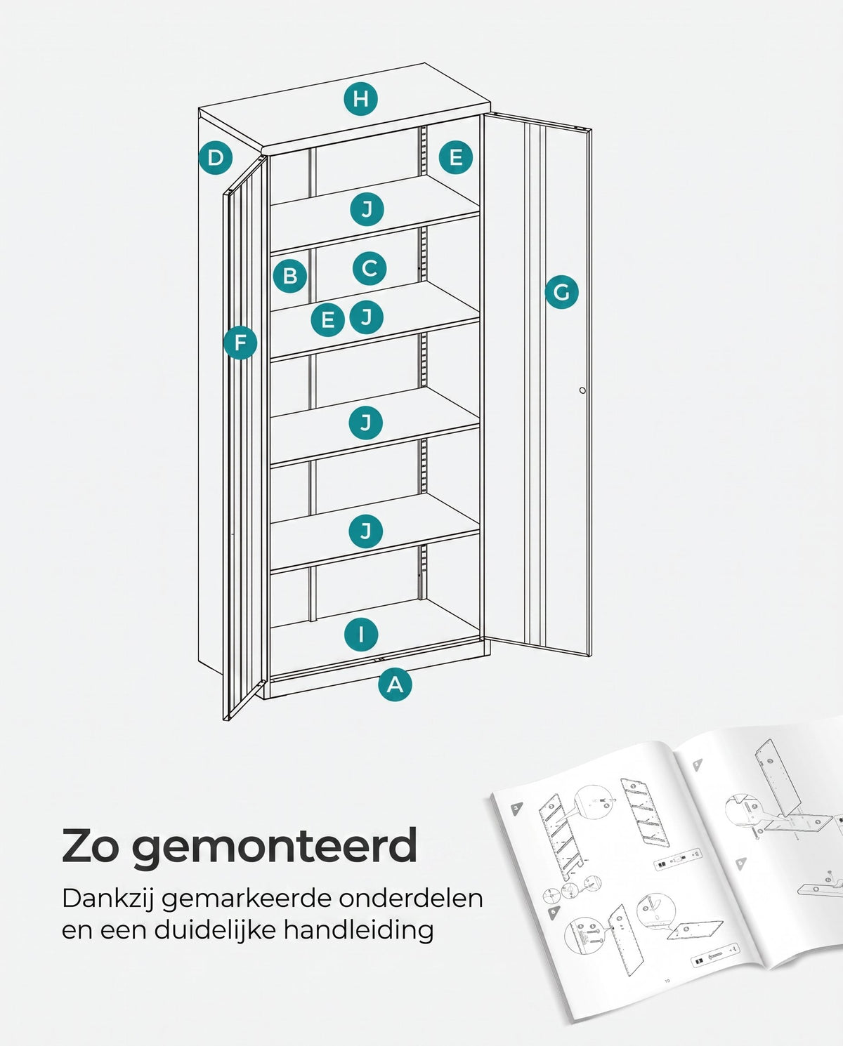 Metalen Archiefkast met 2 Deuren en 4 Verstelbare Planken, 180 cm Hoog