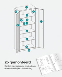 Metalen Archiefkast met 2 Deuren en 4 Verstelbare Planken, 180 cm Hoog