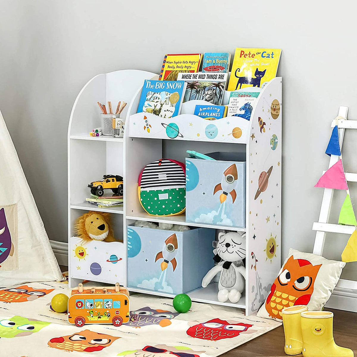 Speelgoedrek met Boekenvakken en 2 Stoffen Lades, Ruimtemotief, Wit