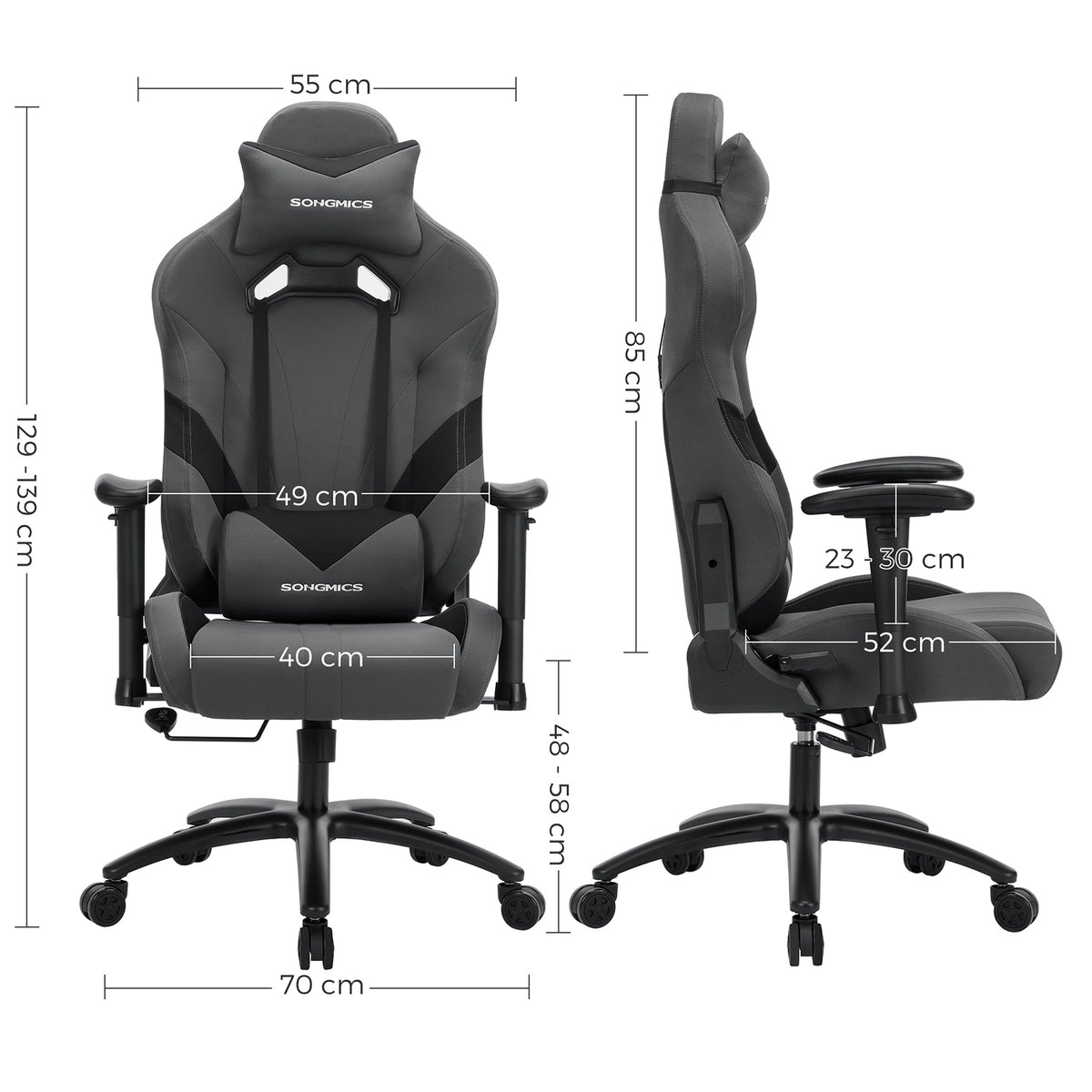Ergonomische Gamingstoel met Hoofdsteun en Lendenkussen, Grijs