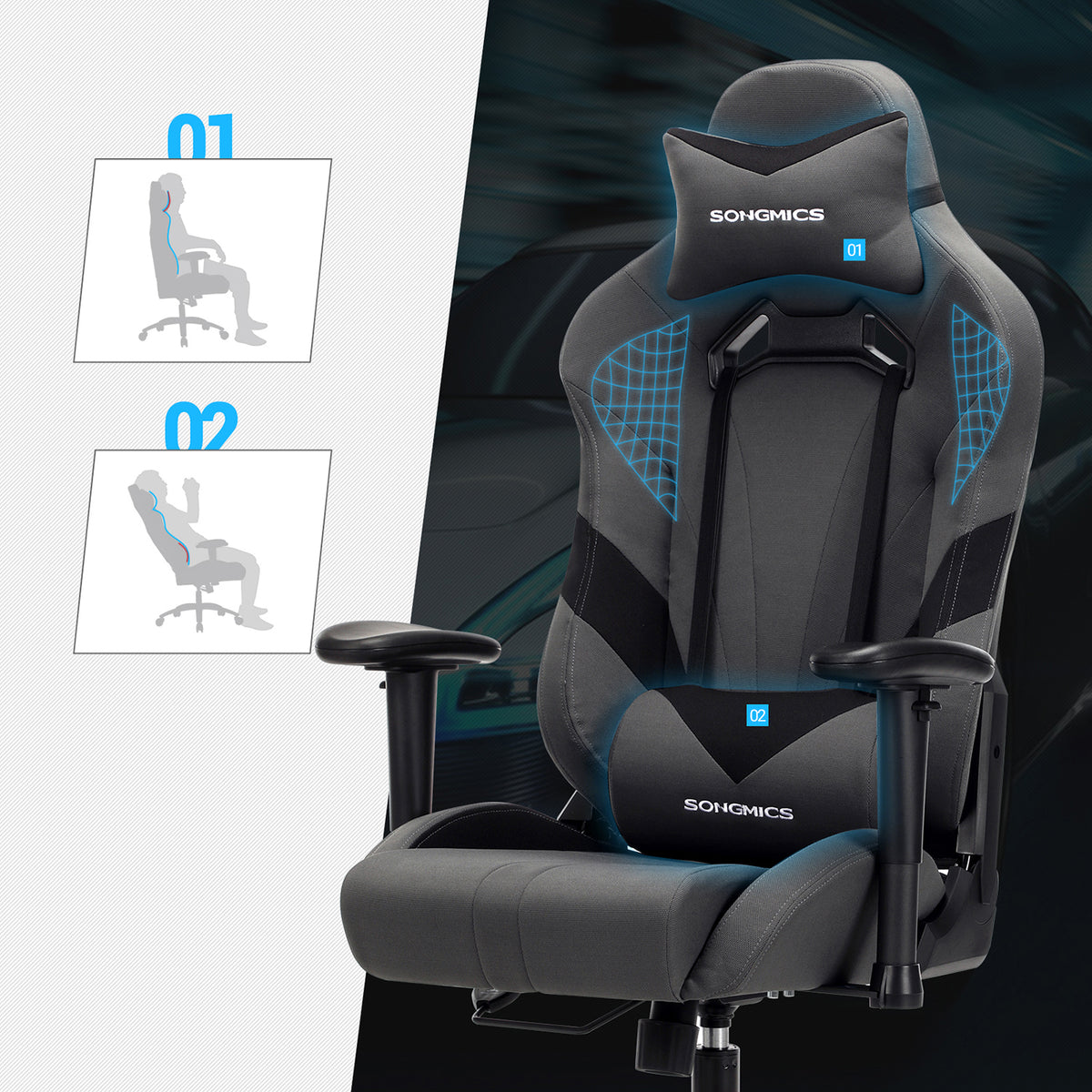 Ergonomische Gamingstoel met Hoofdsteun en Lendenkussen, Grijs
