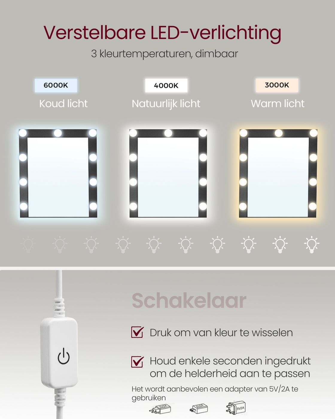 Kaptafel met Spiegel, 9 Ledlampen en 2 Lades, 40 x 80 x 145 cm