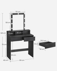 Kaptafel met Spiegel, 9 Ledlampen en 2 Lades, 40 x 80 x 145 cm