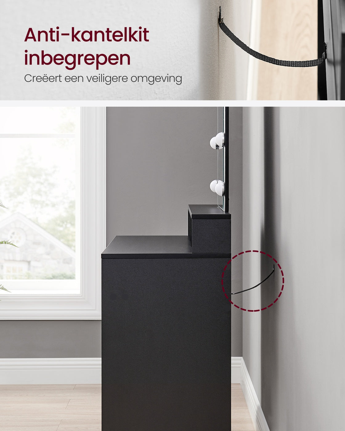 Kaptafel met Spiegel, 9 Ledlampen en 2 Lades, 40 x 80 x 145 cm