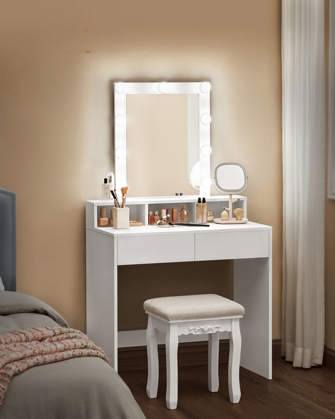 Kaptafel met Spiegel, 9 Ledlampen en 2 Lades, 40 x 80 x 145 cm