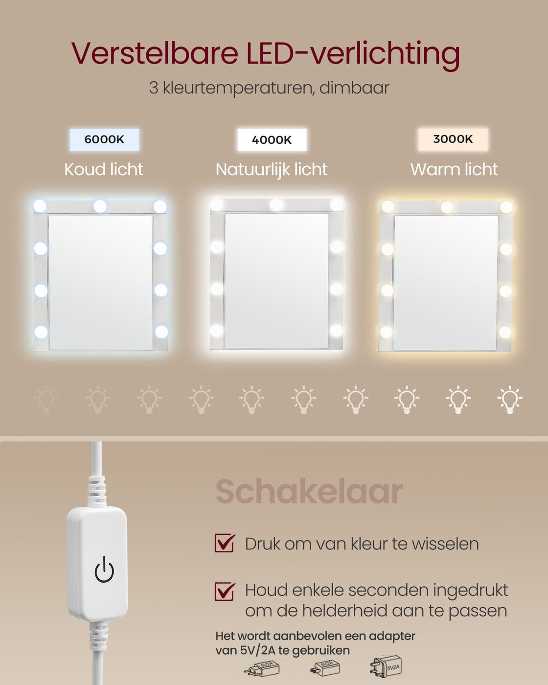 Kaptafel met Spiegel, 9 Ledlampen en 2 Lades, 40 x 80 x 145 cm