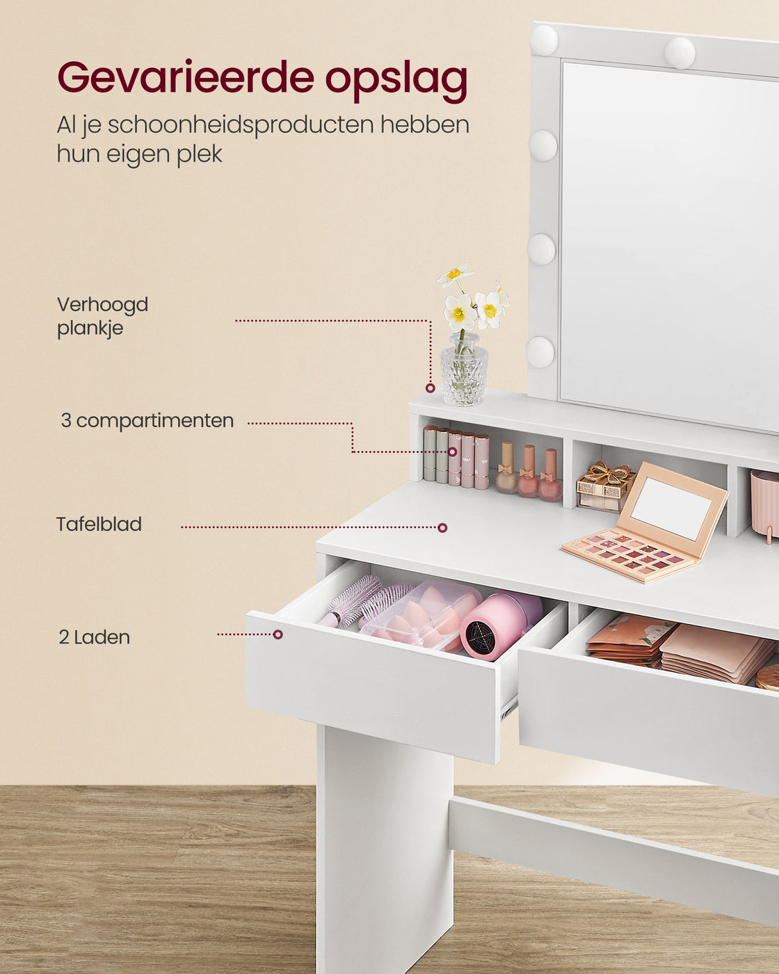 Kaptafel met Spiegel, 9 Ledlampen en 2 Lades, 40 x 80 x 145 cm