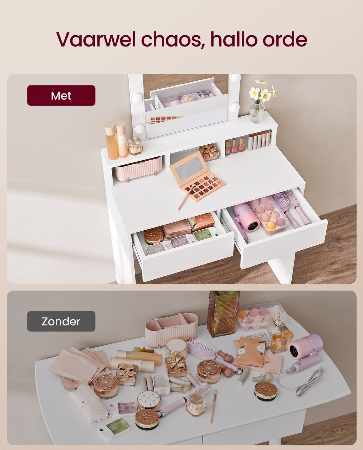 Kaptafel met Spiegel, 9 Ledlampen en 2 Lades, 40 x 80 x 145 cm