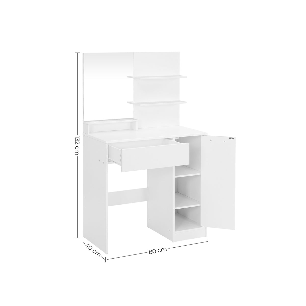 Kaptafel met Spiegel, 2 Planken en 1 Lade, Wit, 80 x 40 x 132 cm