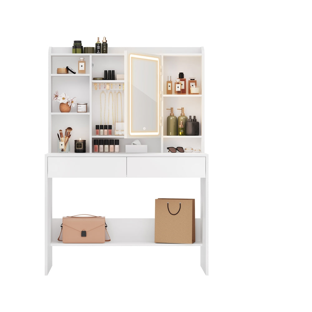 Kaptafel met Verlichte Spiegel, 7 Open Vakken en 2 Lades, 40 x 90 x 145 cm