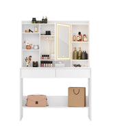 Kaptafel met Verlichte Spiegel, 7 Open Vakken en 2 Lades, 40 x 90 x 145 cm