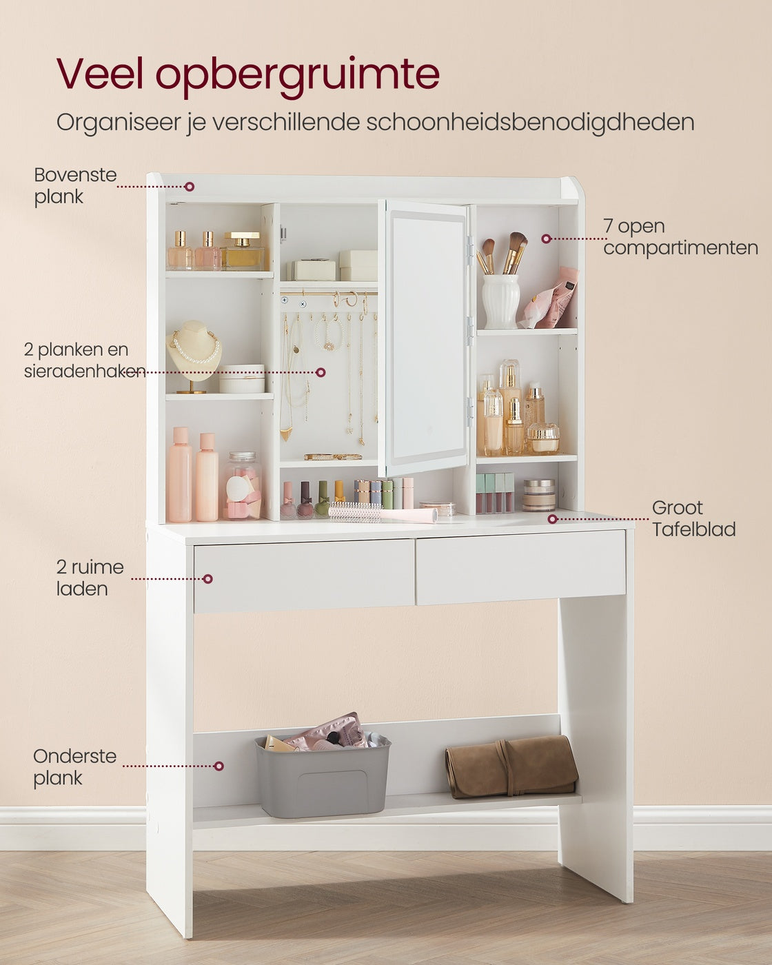 Kaptafel met Verlichte Spiegel, 7 Open Vakken en 2 Lades, 40 x 90 x 145 cm