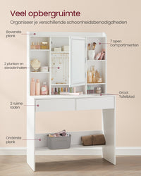 Kaptafel met Verlichte Spiegel, 7 Open Vakken en 2 Lades, 40 x 90 x 145 cm