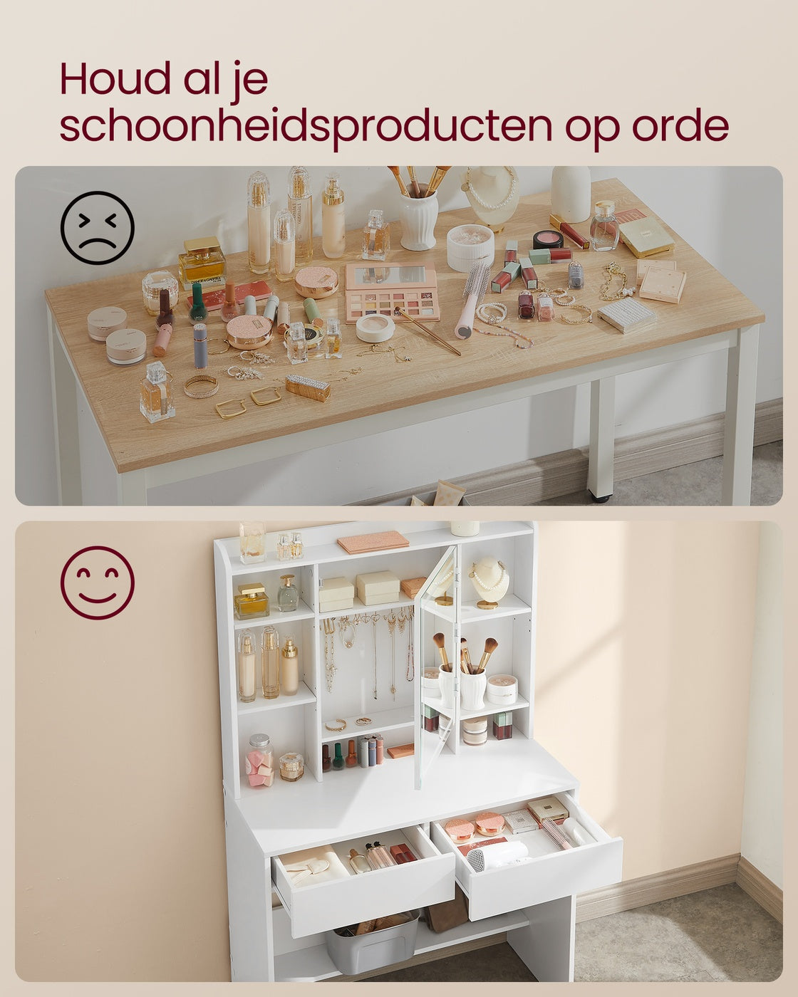 Kaptafel met Verlichte Spiegel, 7 Open Vakken en 2 Lades, 40 x 90 x 145 cm