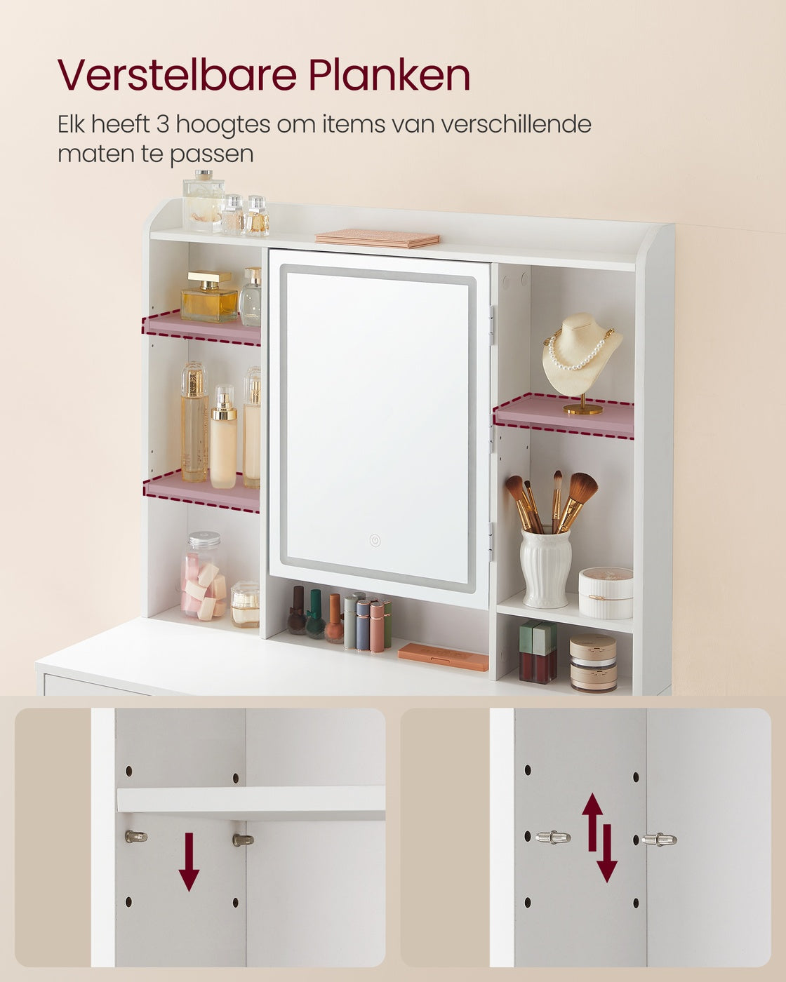 Kaptafel met Verlichte Spiegel, 7 Open Vakken en 2 Lades, 40 x 90 x 145 cm