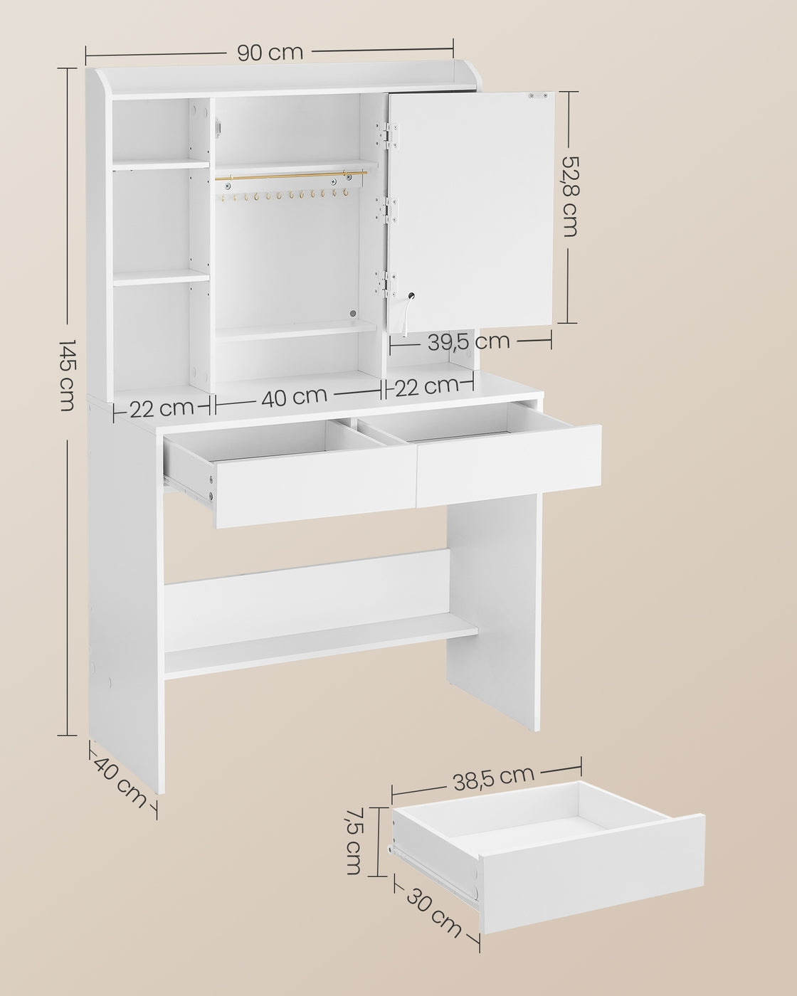 Kaptafel met Verlichte Spiegel, 7 Open Vakken en 2 Lades, 40 x 90 x 145 cm