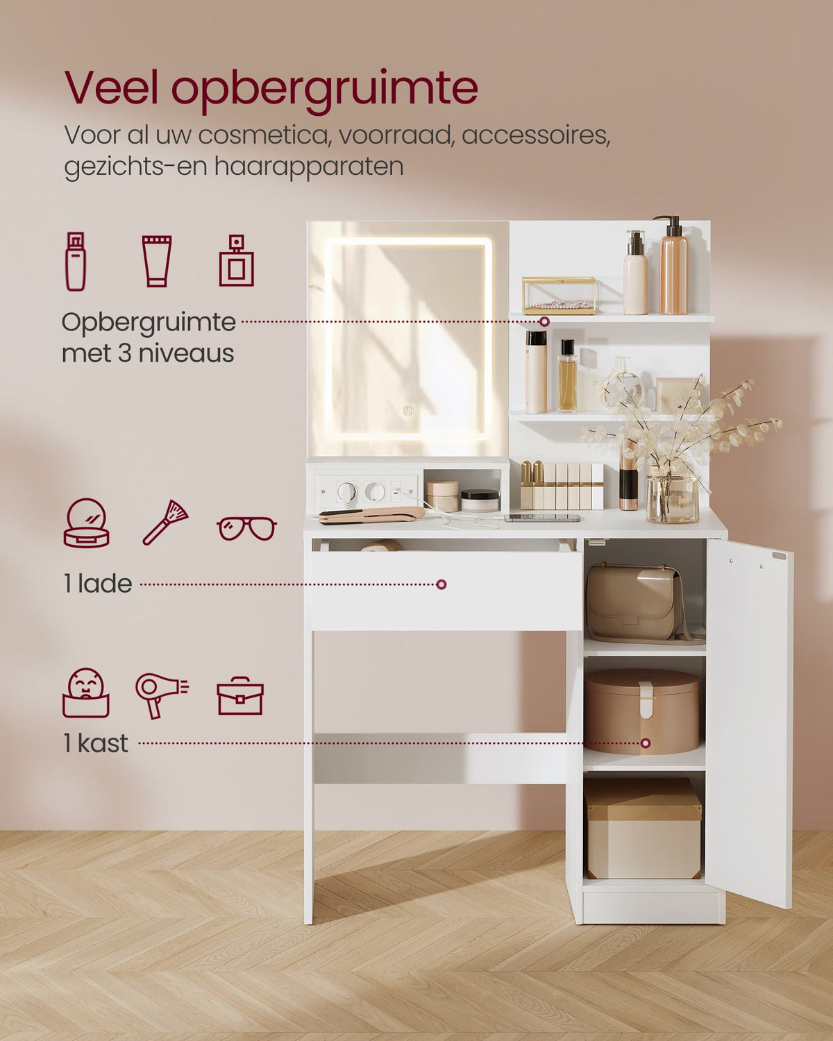Kaptafel met Spiegel, 2 Planken en 1 Lade, Wit, 80 x 40 x 132 cm