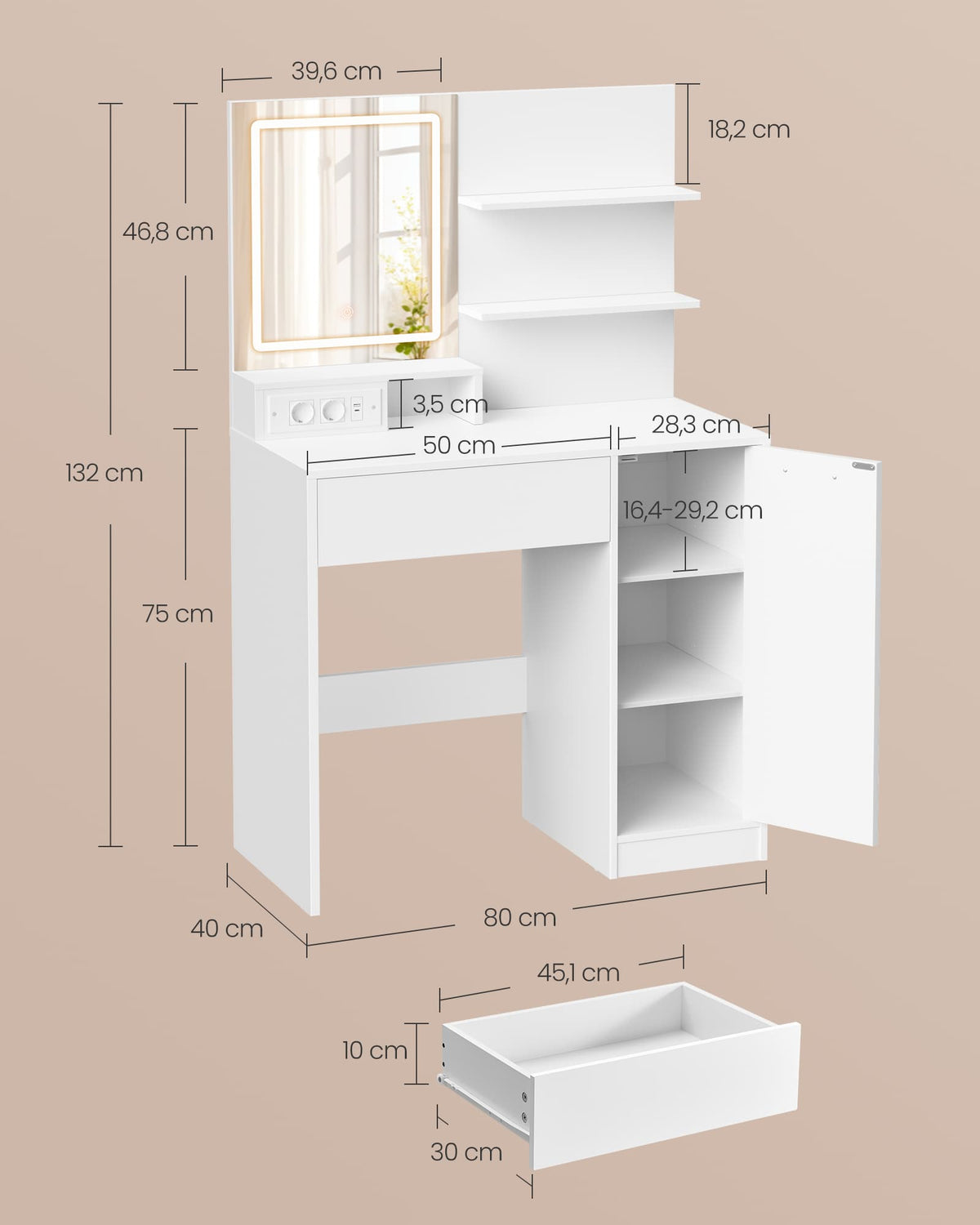 Kaptafel met Spiegel, 2 Planken en 1 Lade, Wit, 80 x 40 x 132 cm