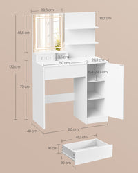 Kaptafel met Spiegel, 2 Planken en 1 Lade, Wit, 80 x 40 x 132 cm