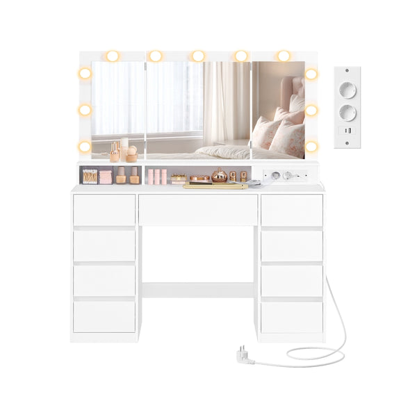 Kaptafel met 3-delige Spiegel, 9 Lades en Stopcontact, 40 x 107 x 144 cm