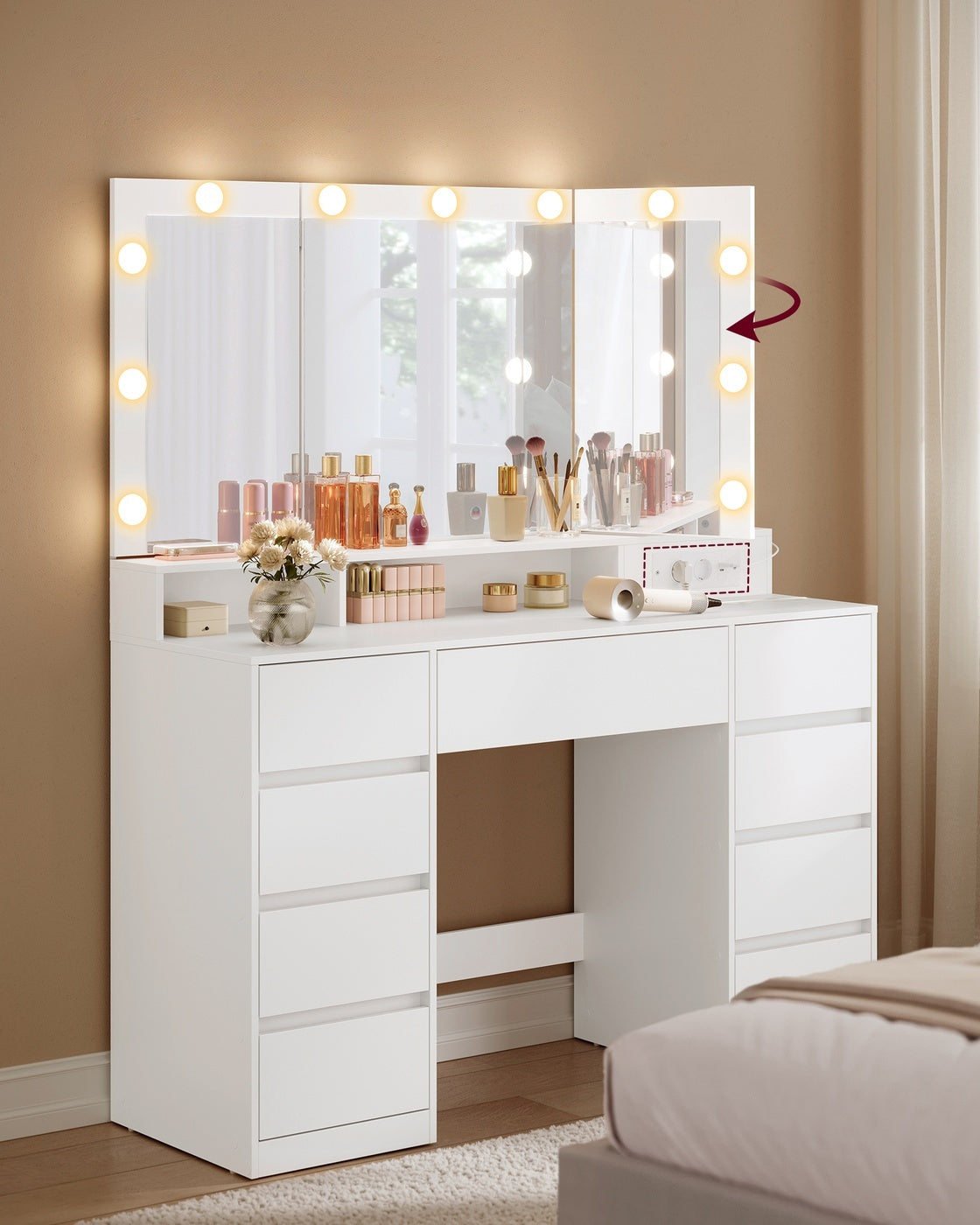 Kaptafel met 3-delige Spiegel, 9 Lades en Stopcontact, 40 x 107 x 144 cm