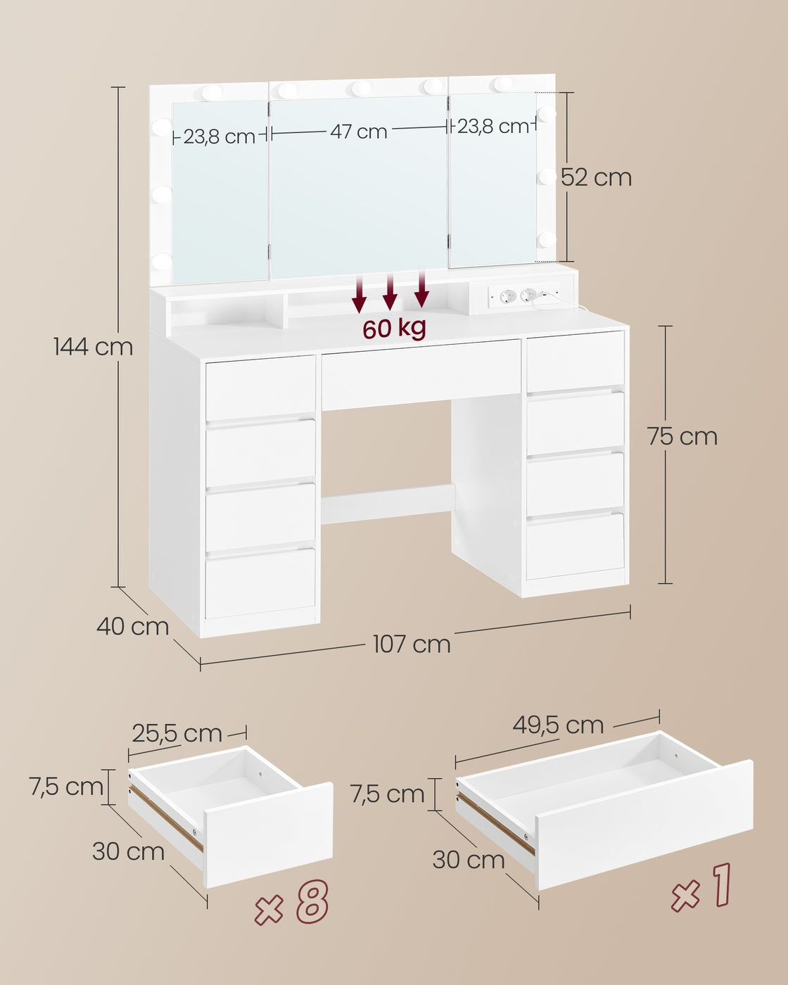 Kaptafel met 3-delige Spiegel, 9 Lades en Stopcontact, 40 x 107 x 144 cm