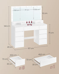 Kaptafel met 3-delige Spiegel, 9 Lades en Stopcontact, 40 x 107 x 144 cm