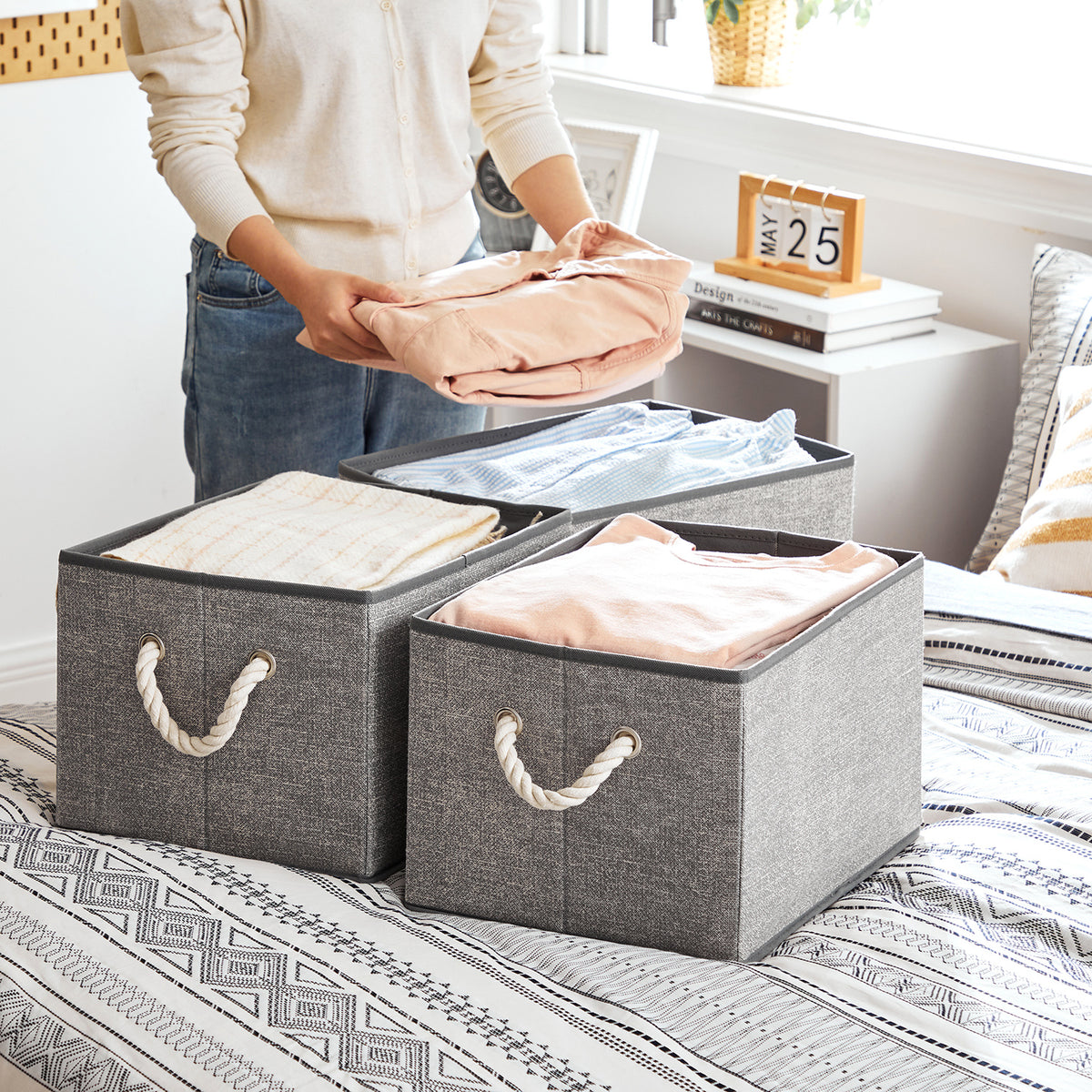 Stoffen Opbergdozen in Linnenlook met Katoenen Handvatten, Set van 3