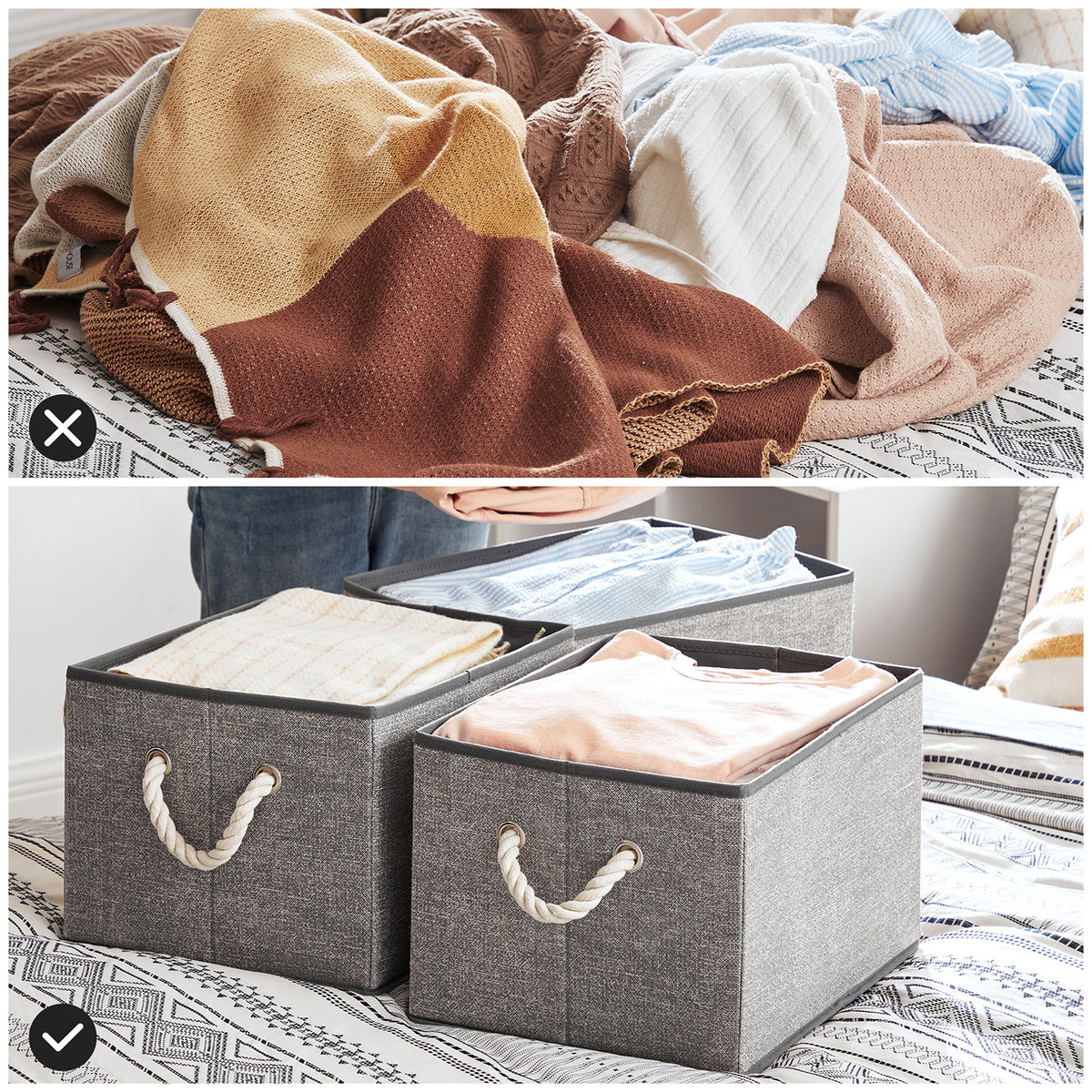 Stoffen Opbergdozen in Linnenlook met Katoenen Handvatten, Set van 3