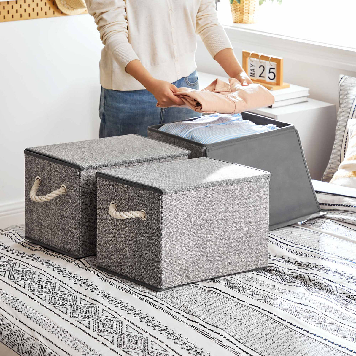 Stoffen Opbergdozen in Linnenlook met Katoenen Handvatten, Set van 3