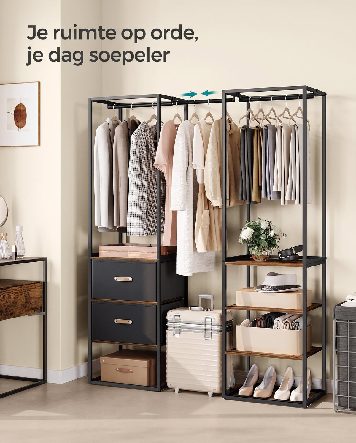 Kledingrek met Uitschuifbare Stang, 2 Lades en 4 Planken