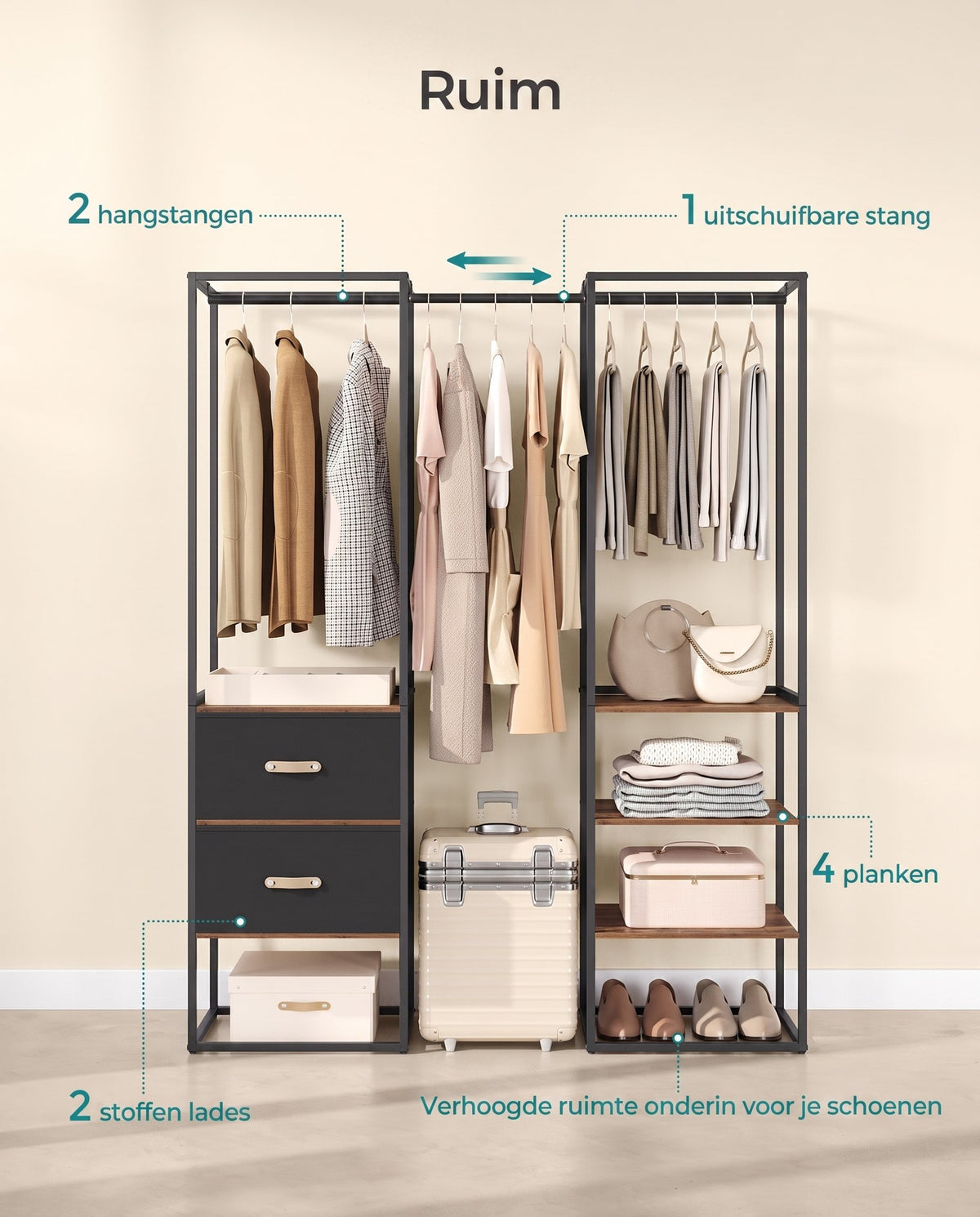 Kledingrek met Uitschuifbare Stang, 2 Lades en 4 Planken