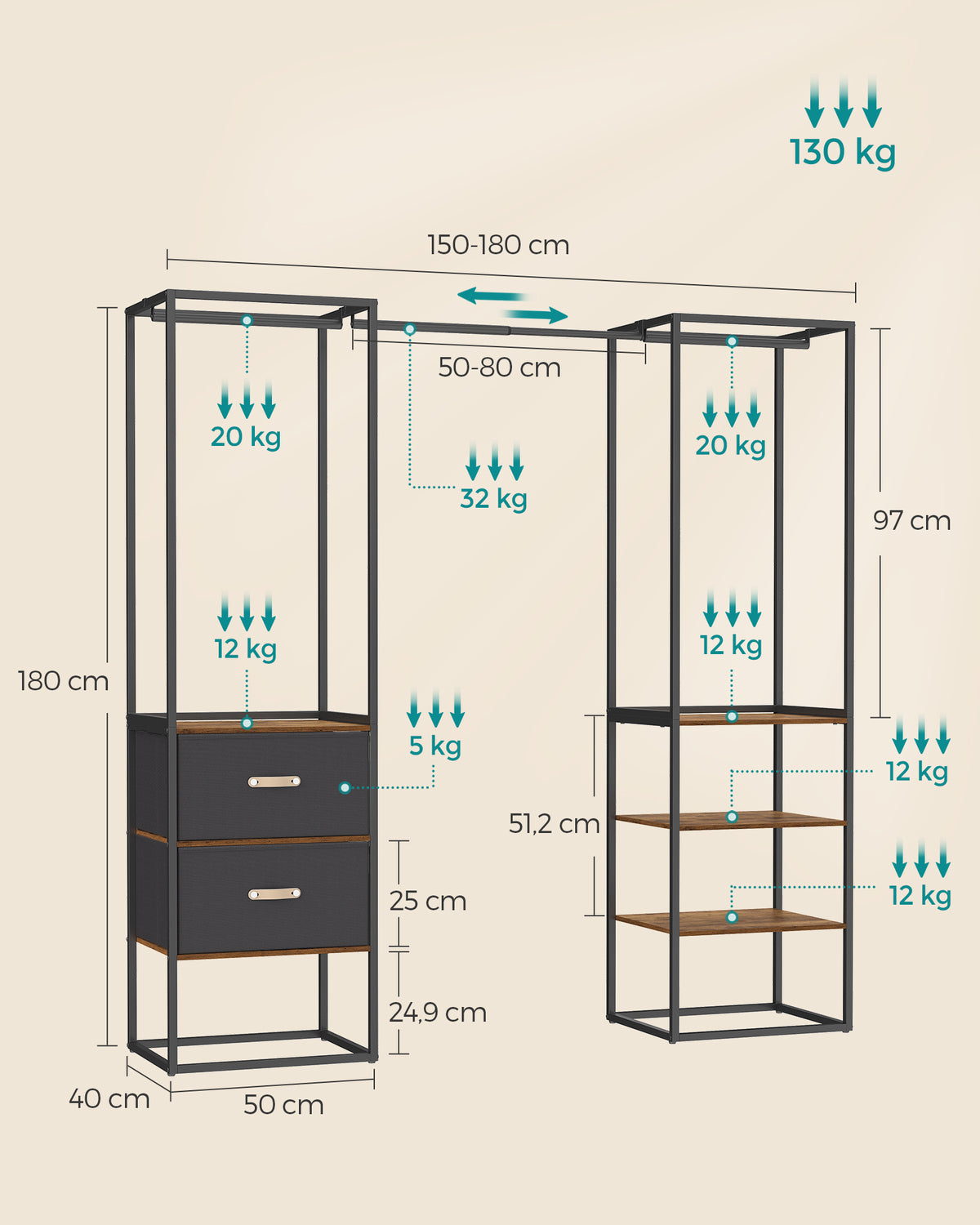 Kledingrek met Uitschuifbare Stang, 2 Lades en 4 Planken
