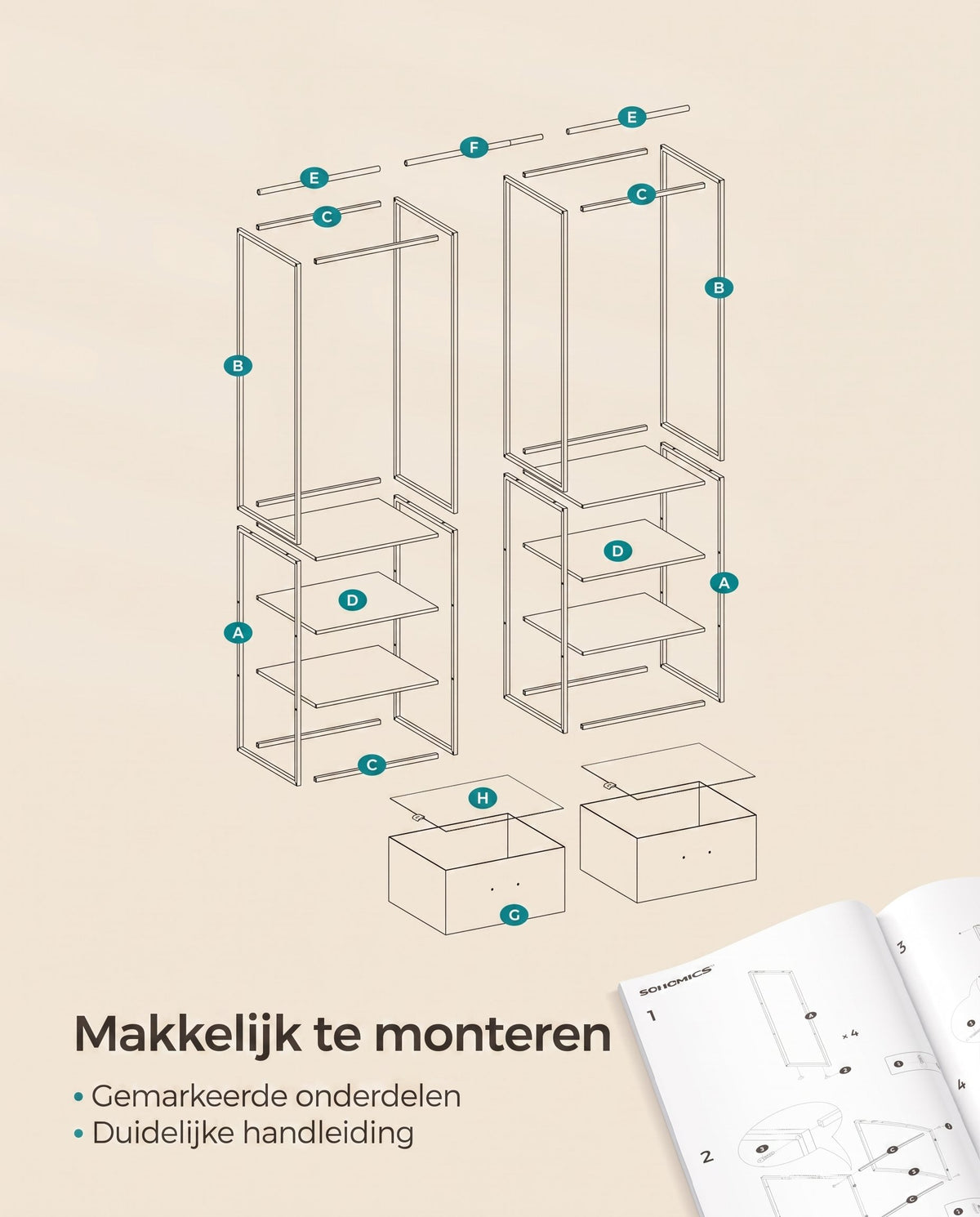 Kledingrek met Uitschuifbare Stang, 2 Lades en 4 Planken
