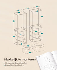 Kledingrek met Uitschuifbare Stang, 2 Lades en 4 Planken