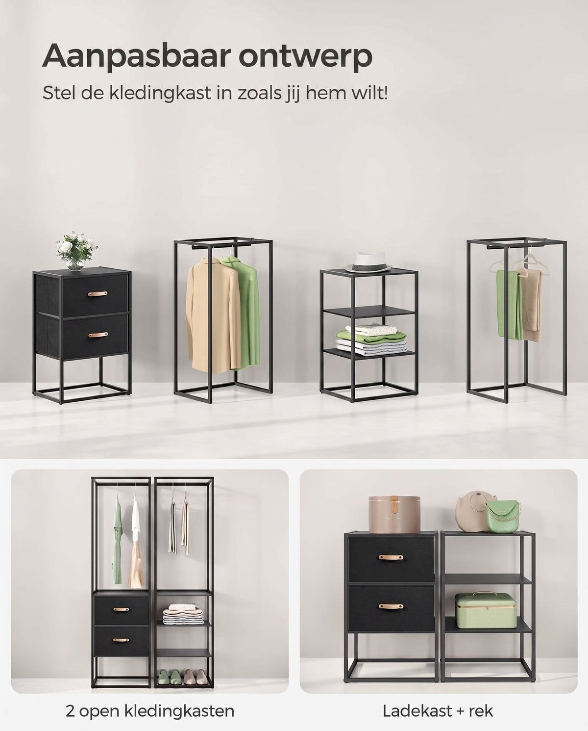 Kledingrek met Uitschuifbare Stang, 2 Lades en 4 Planken