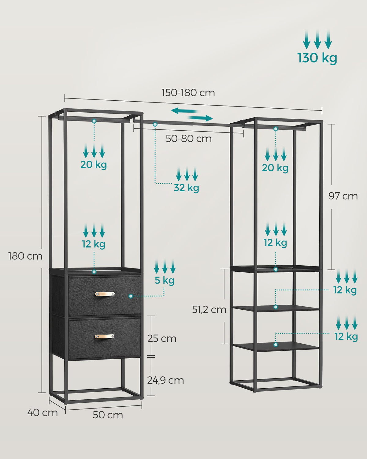 Kledingrek met Uitschuifbare Stang, 2 Lades en 4 Planken