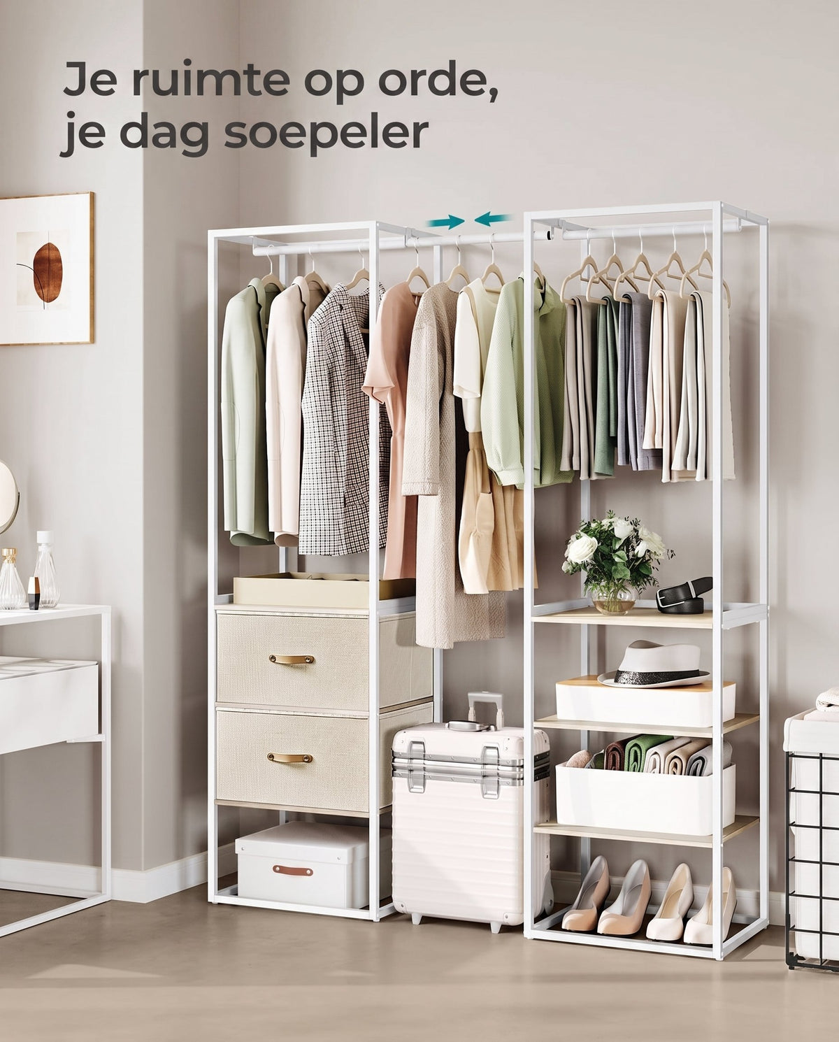 Kledingrek met Uitschuifbare Stang, 2 Lades en 4 Planken