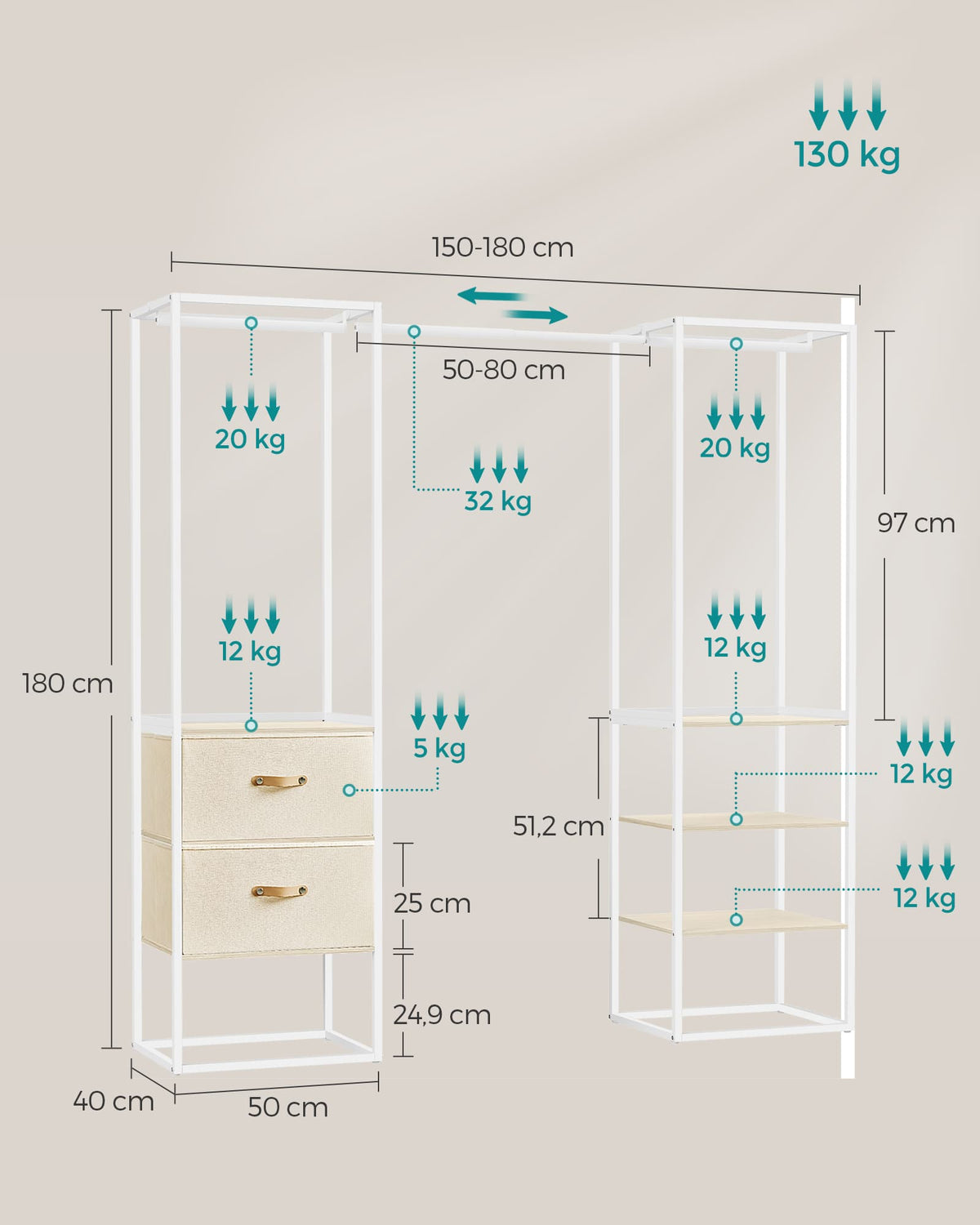 Kledingrek met Uitschuifbare Stang, 2 Lades en 4 Planken