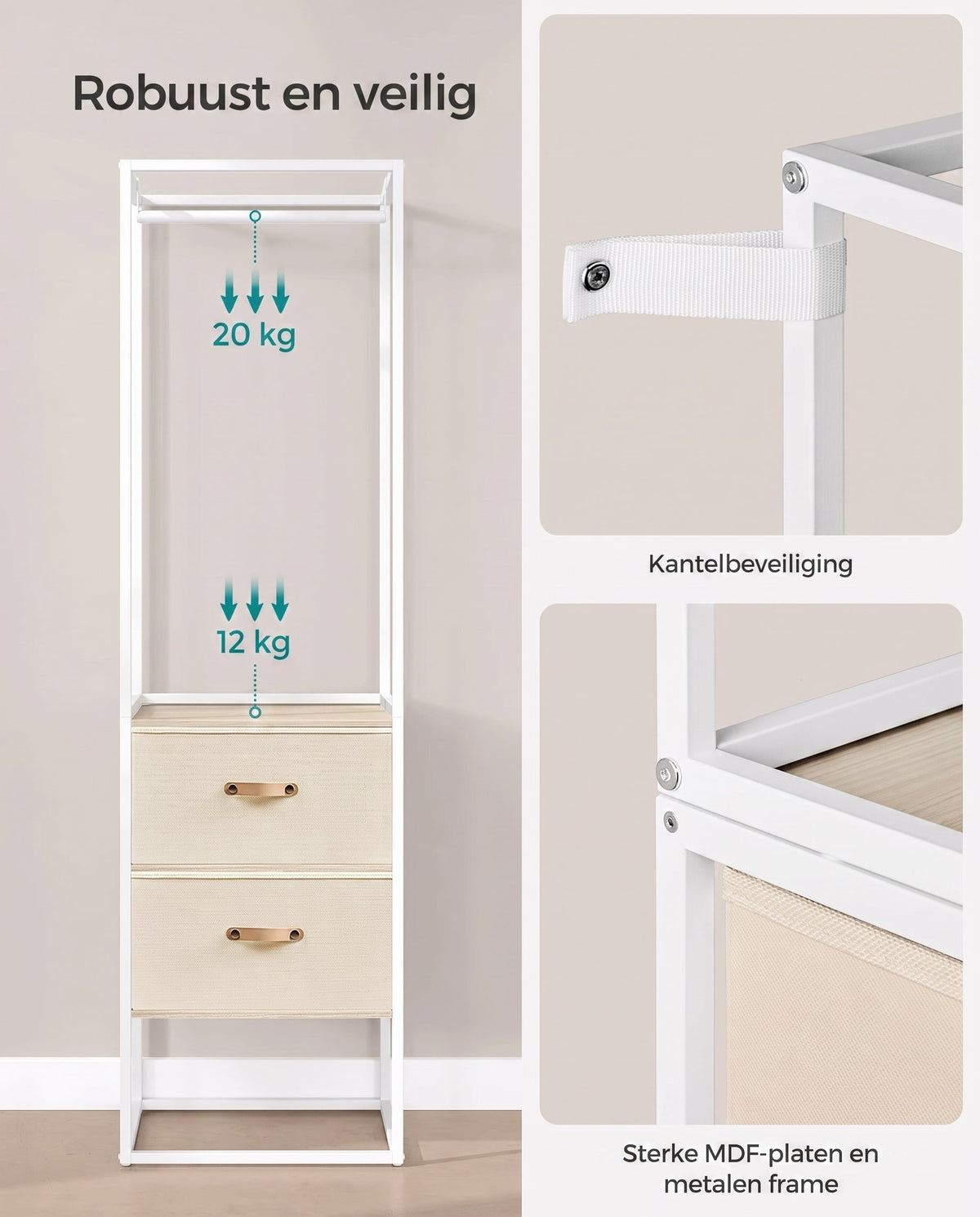 Kledingrek met Uitschuifbare Stang, 2 Lades en 4 Planken