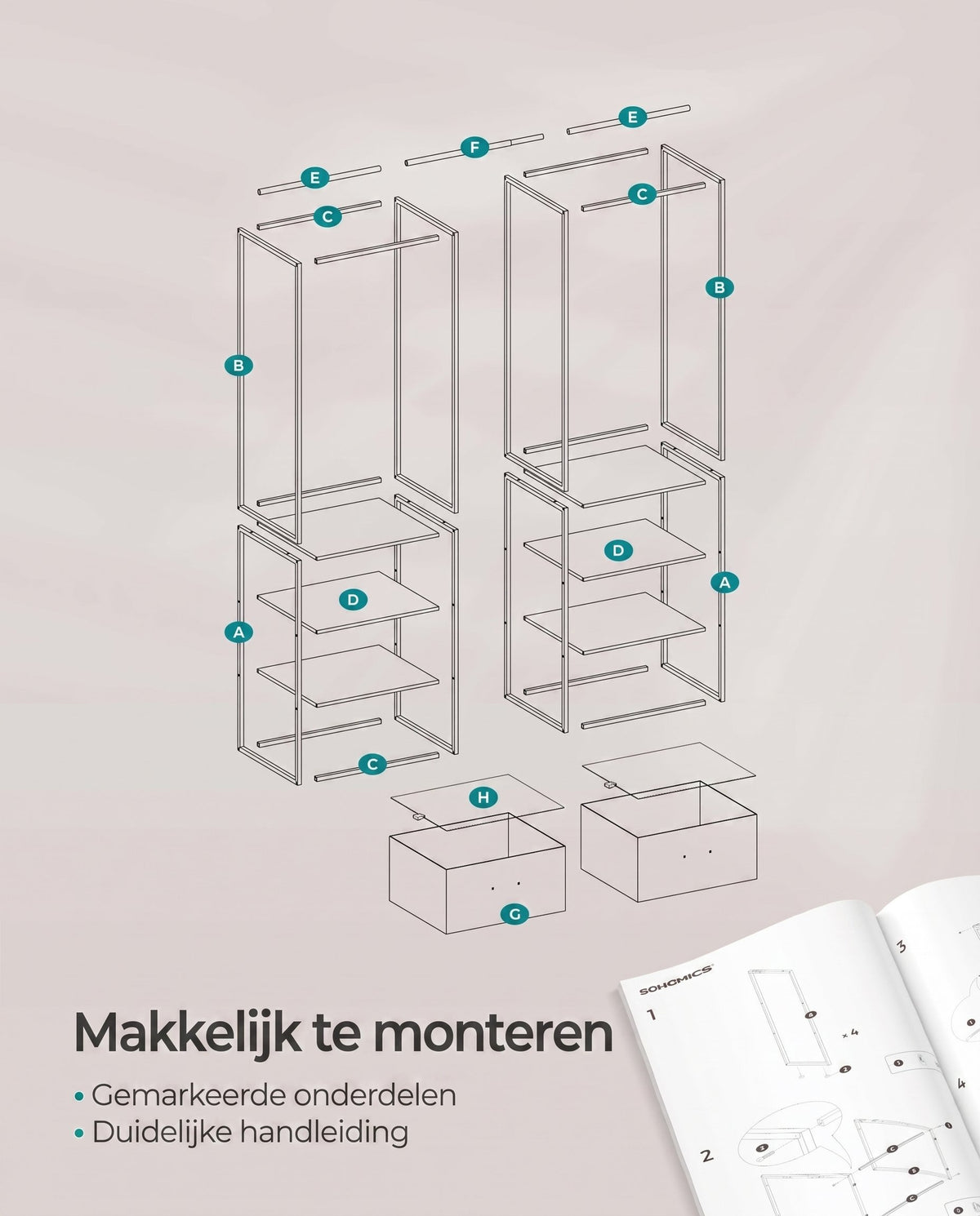 Kledingrek met Uitschuifbare Stang, 2 Lades en 4 Planken