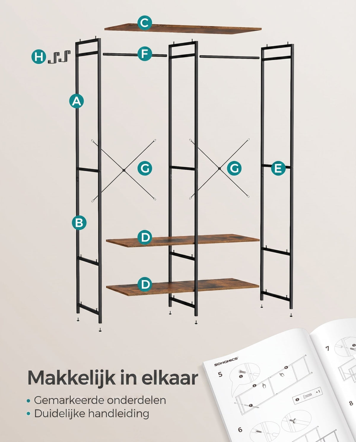 Open Kledingkast met Kledingroede, Planken en Afneembare Haken