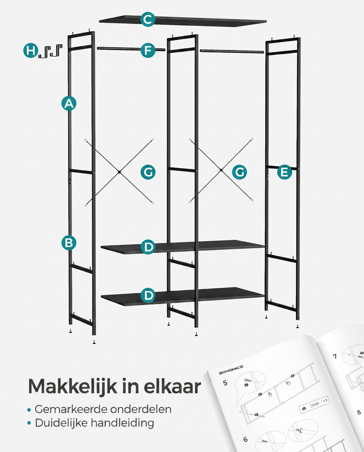 Open Kledingkast met Kledingroede, Planken en Afneembare Haken