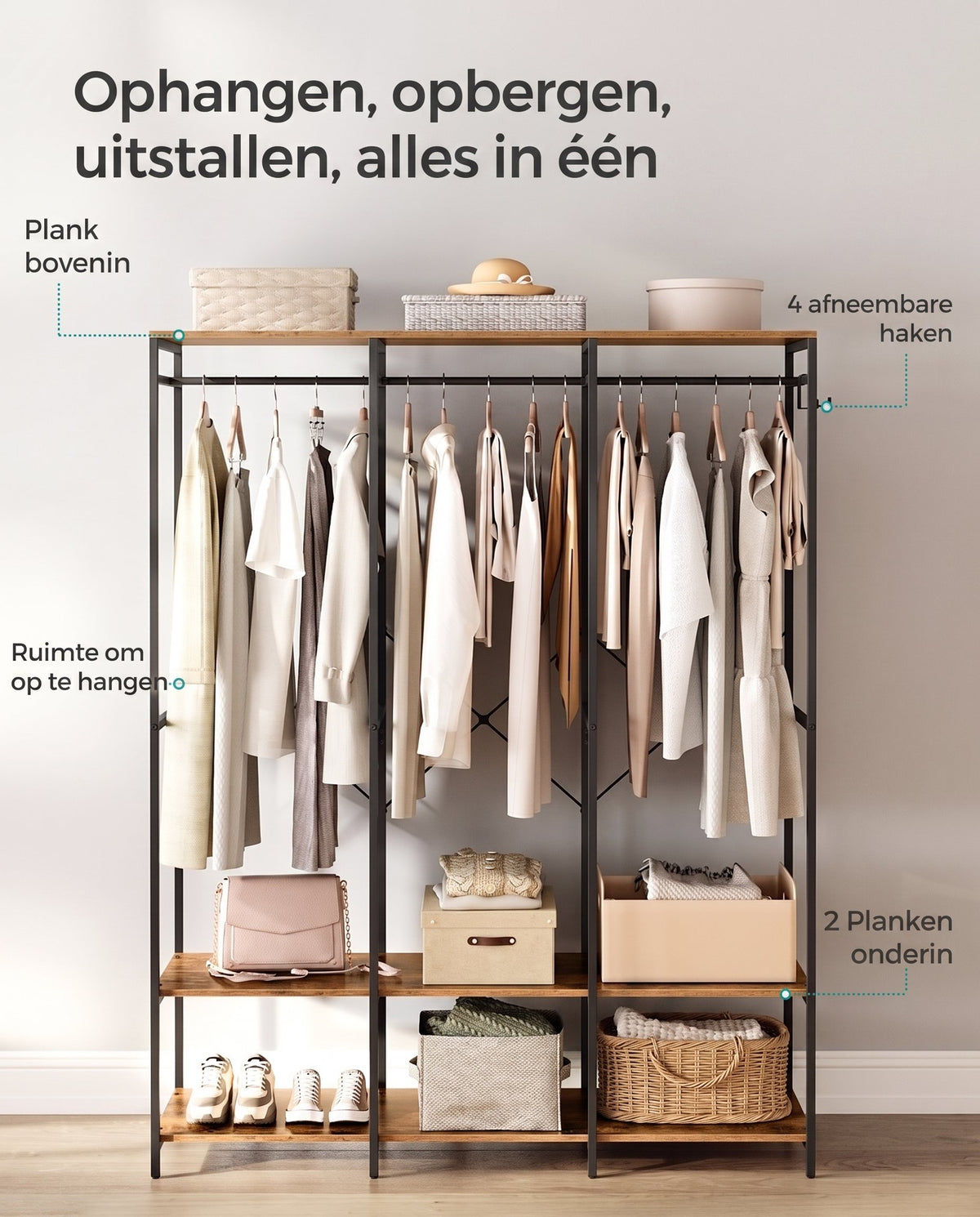 Open Kledingkast met Kledingroede, Planken en Afneembare Haken