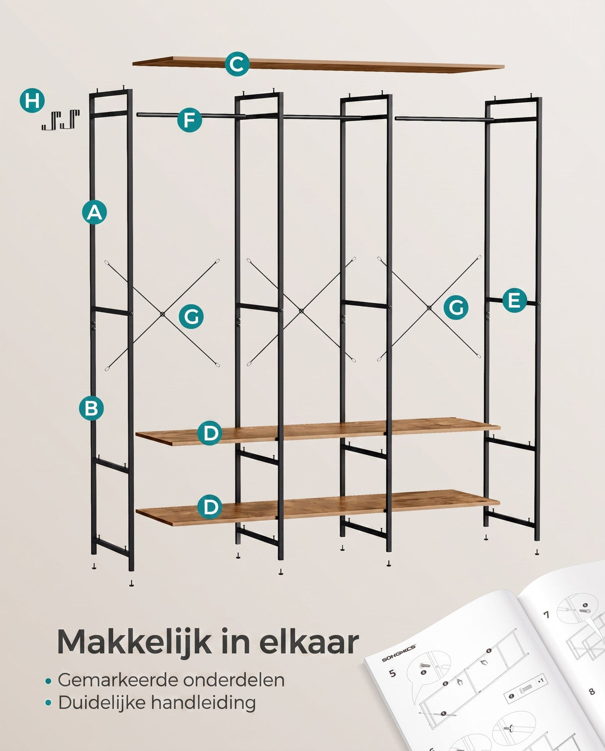 Open Kledingkast met Kledingroede, Planken en Afneembare Haken
