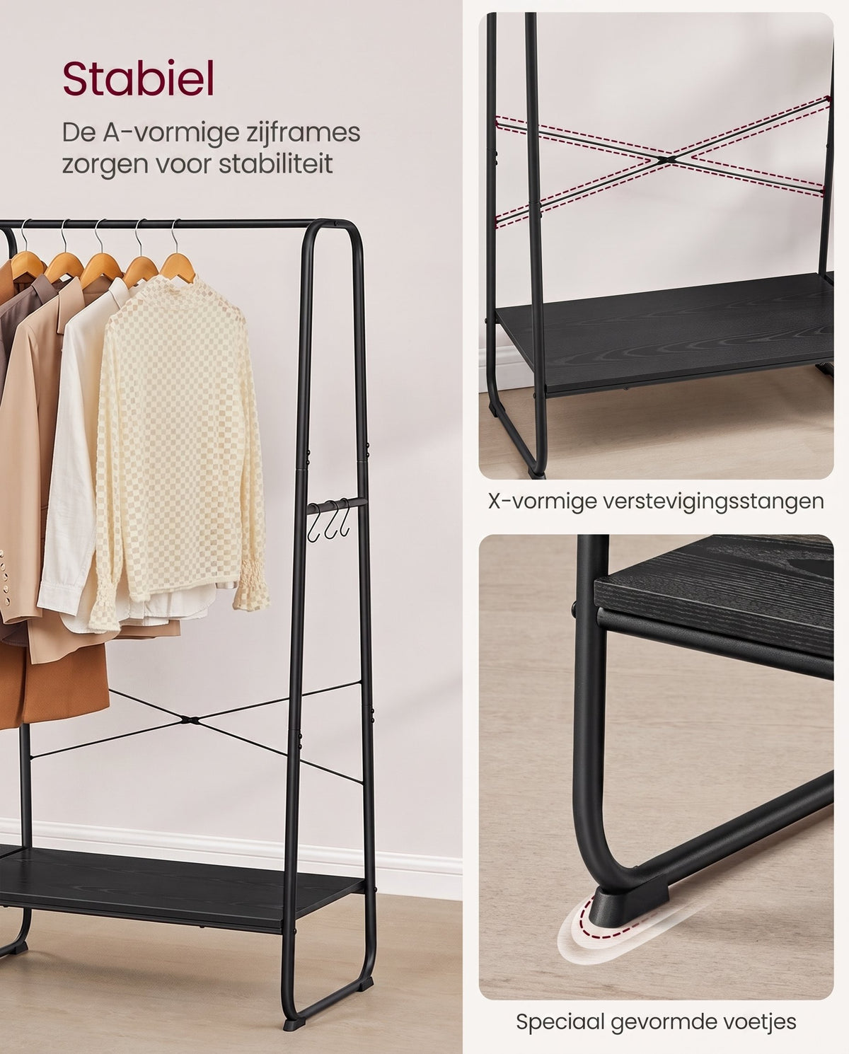 Kledingrek 5 Niveaus met Kledingroede, Schoenenrek en 6 Haken, 45 x 120 x 160 cm